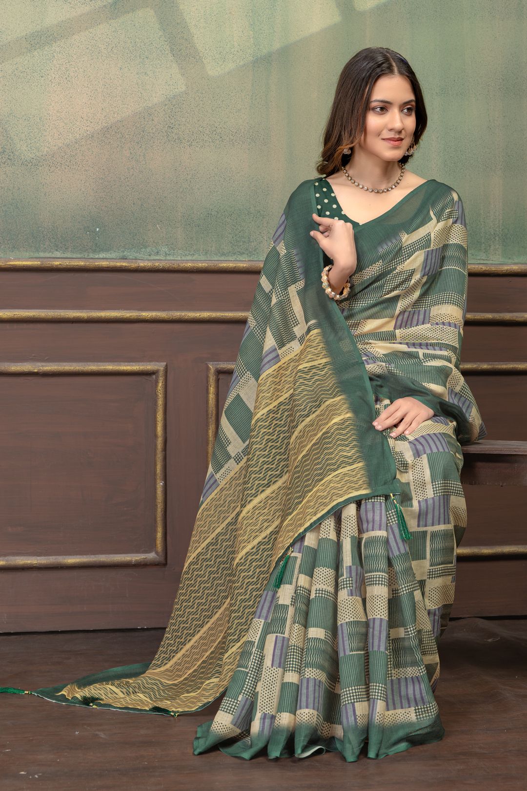 Green Linen Cotton Printed Saree with Contrast Border