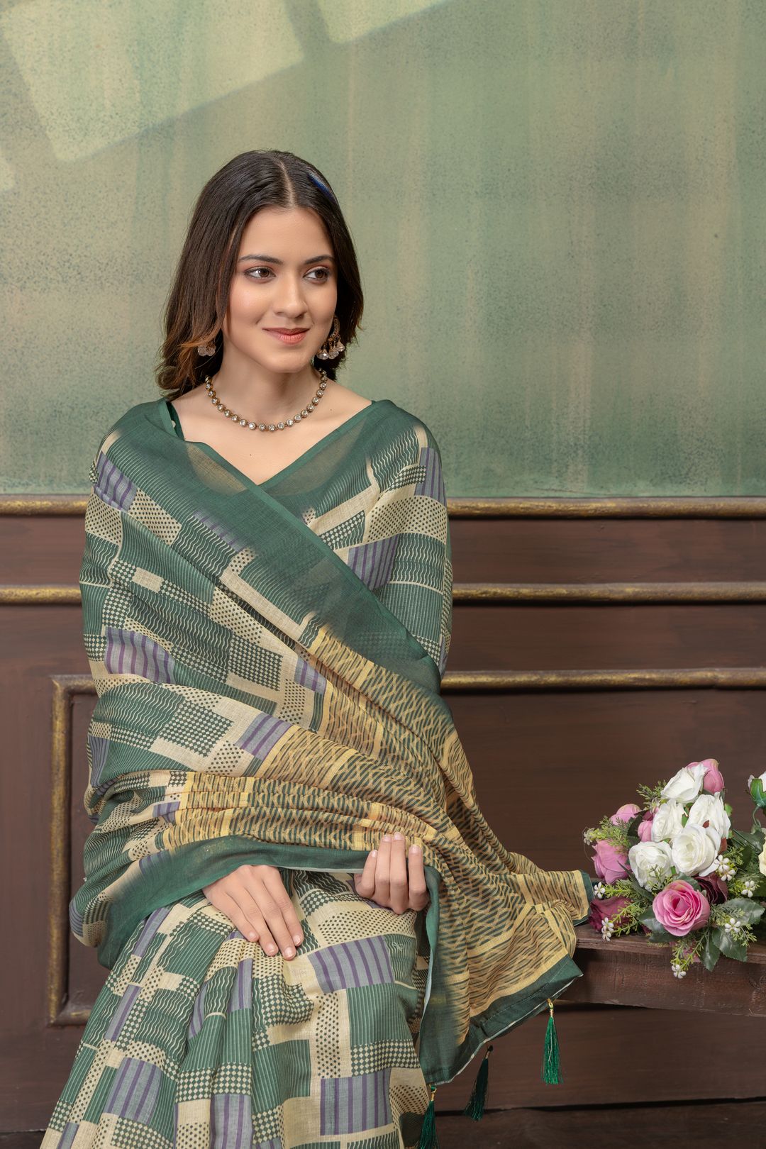 Green Linen Cotton Printed Saree with Contrast Border