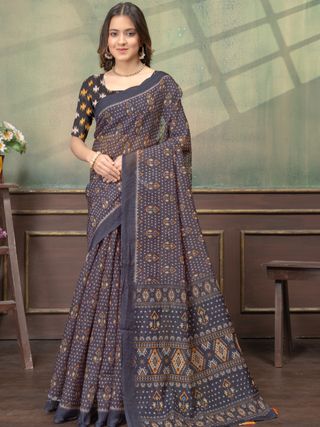 Charcoal Grey Linen Cotton Printed Saree with Tassels