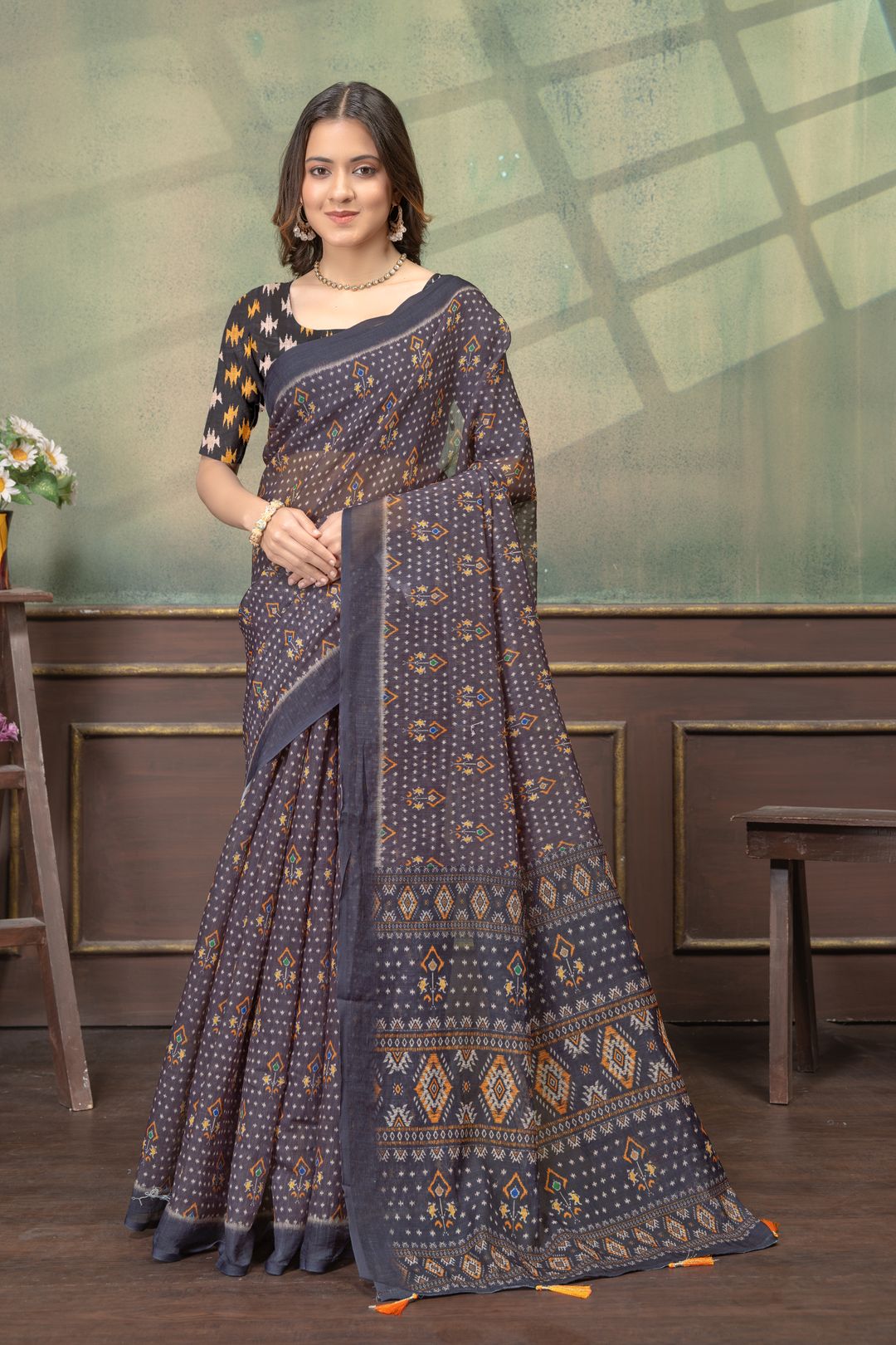 Charcoal Grey Linen Cotton Printed Saree with Tassels