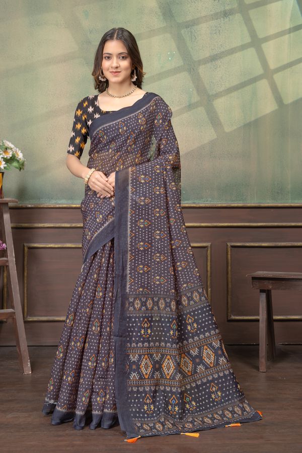Charcoal Grey Linen Cotton Printed Saree with Tassels