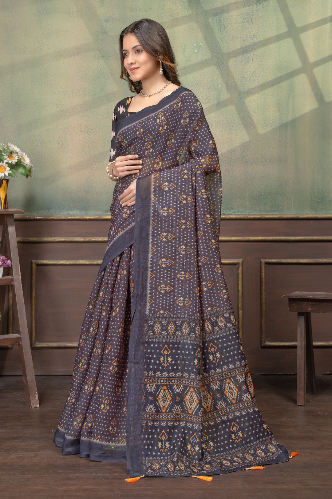 Charcoal Grey Linen Cotton Printed Saree with Tassels