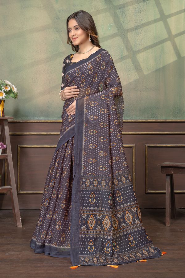 Charcoal Grey Linen Cotton Printed Saree with Tassels