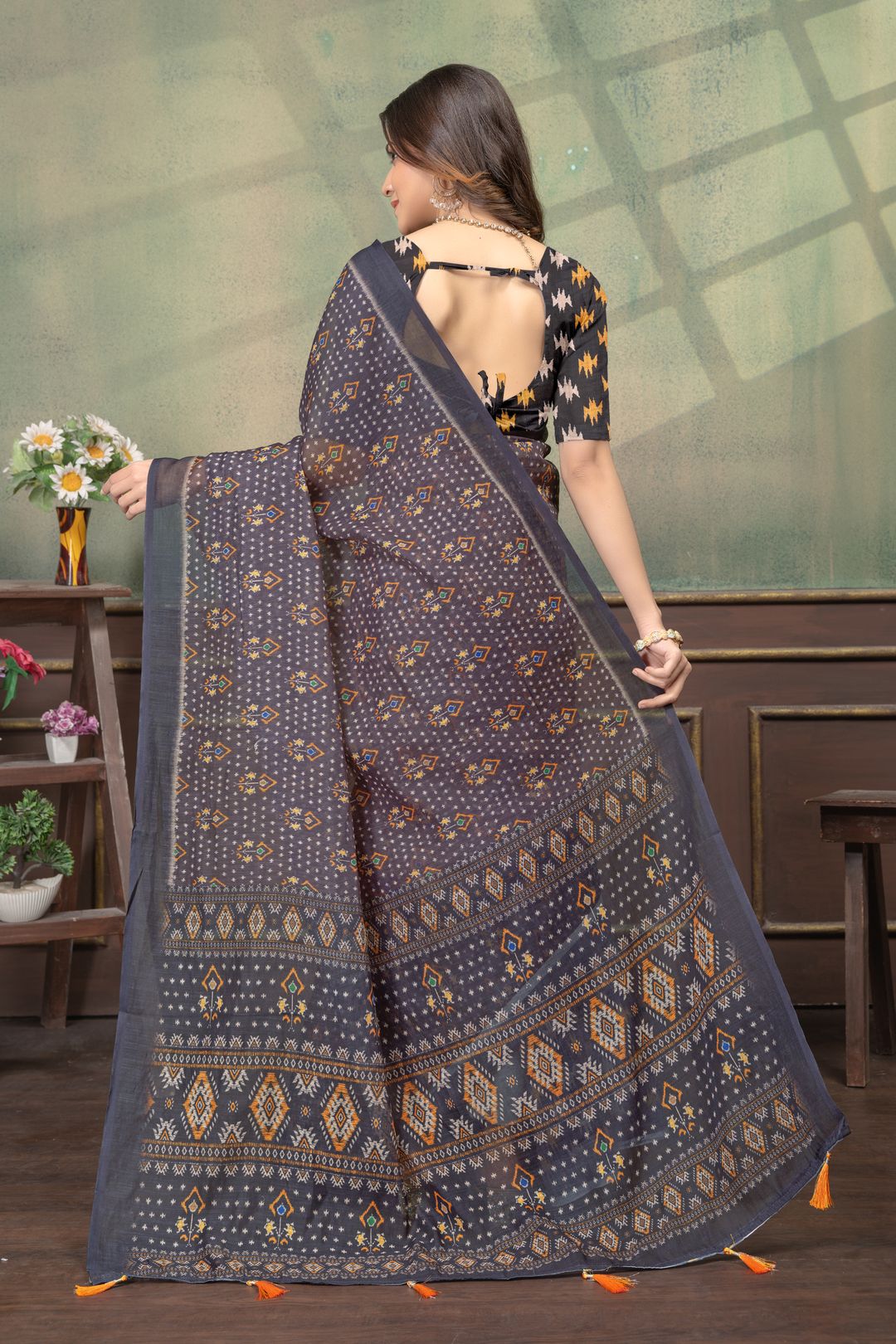 Charcoal Grey Linen Cotton Printed Saree with Tassels