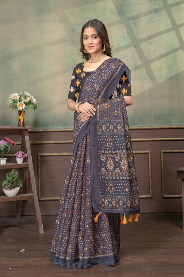 Charcoal Grey Linen Cotton Printed Saree with Tassels
