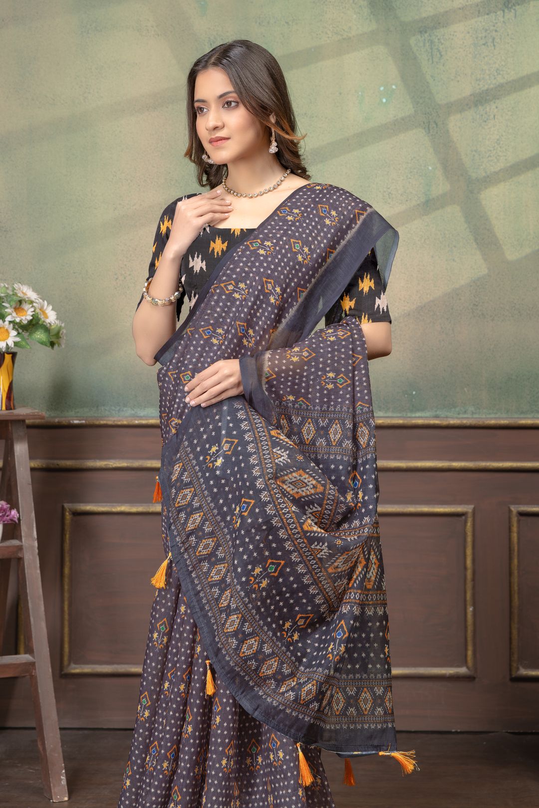 Charcoal Grey Linen Cotton Printed Saree with Tassels