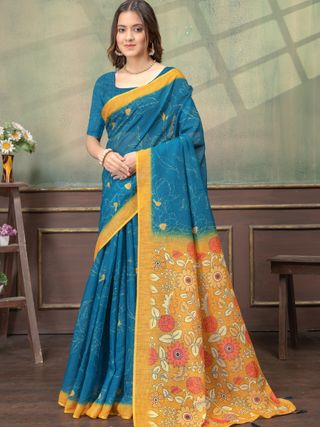 Teal Blue Floral Printed Satin Saree with Mustard Border