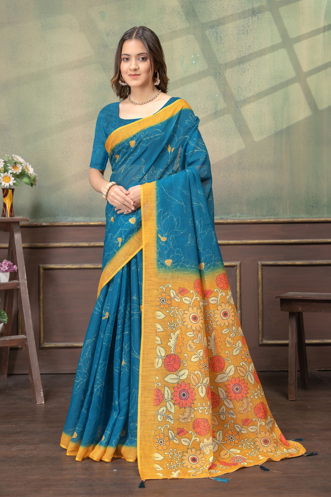 Teal Blue Floral Printed Satin Saree with Mustard Border