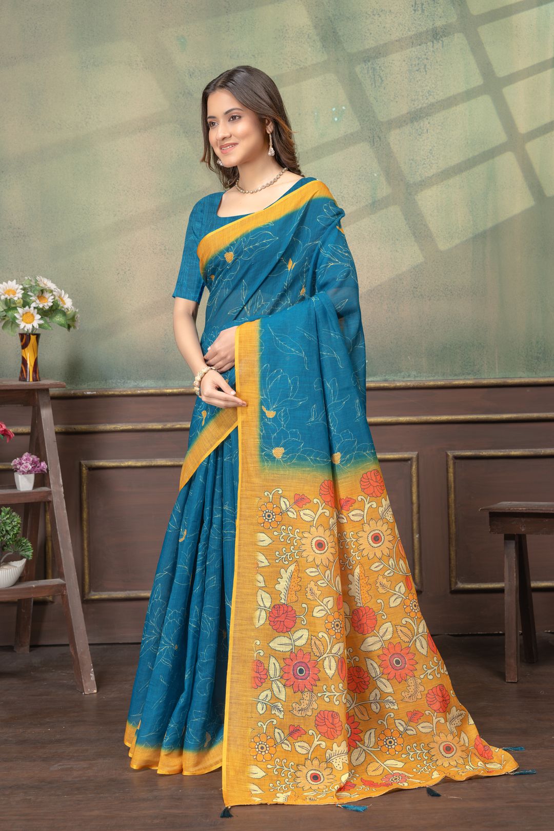 Teal Blue Floral Printed Satin Saree with Mustard Border