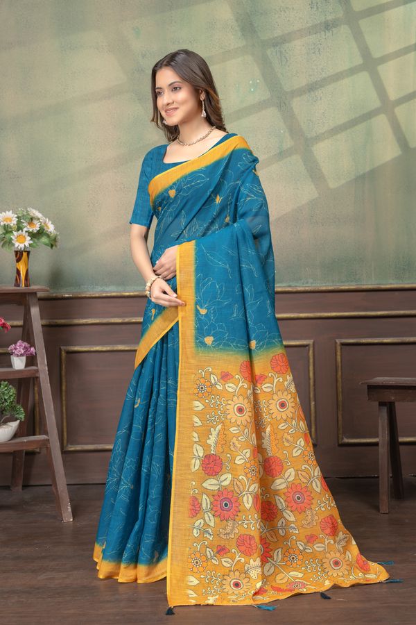 Teal Blue Floral Printed Satin Saree with Mustard Border