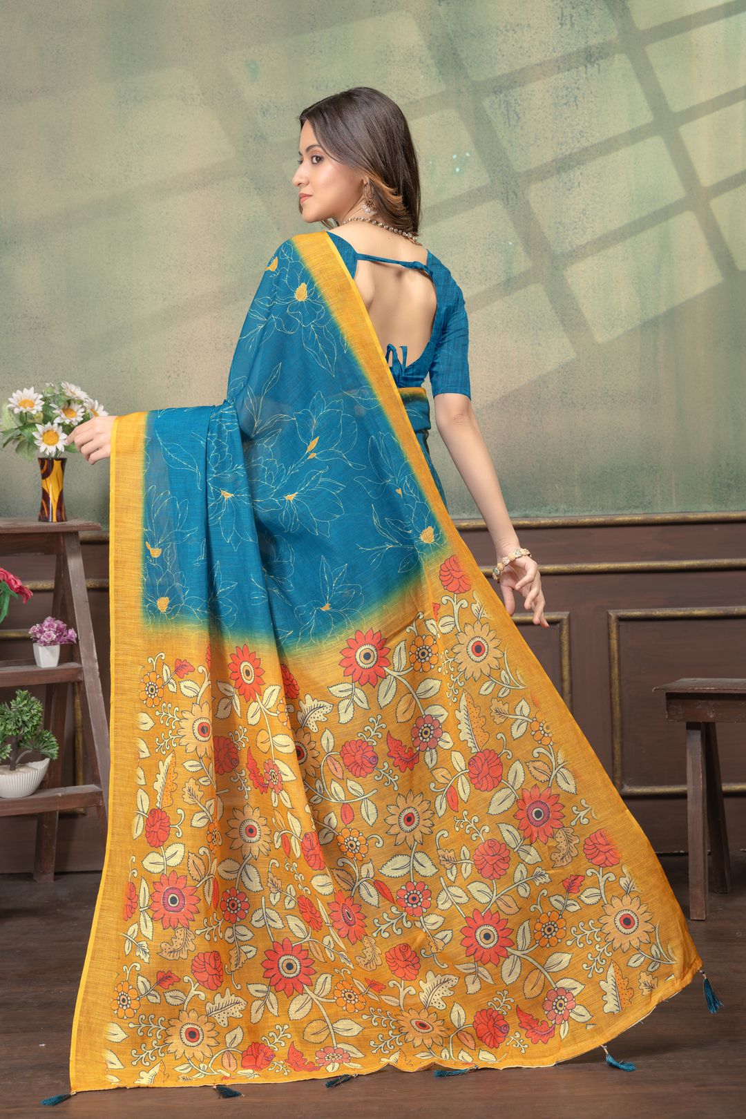 Teal Blue Floral Printed Satin Saree with Mustard Border