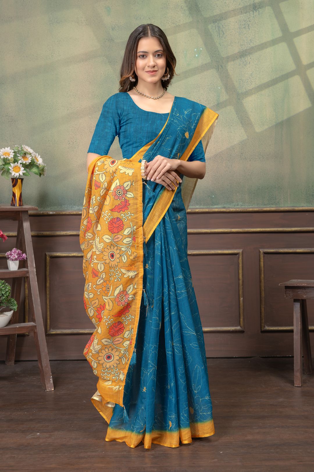 Teal Blue Floral Printed Satin Saree with Mustard Border