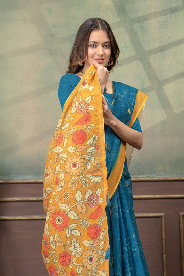 Teal Blue Floral Printed Satin Saree with Mustard Border