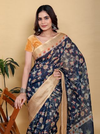 Deep Navy Floral Linen Cotton Saree with Rich Jacquard Edge