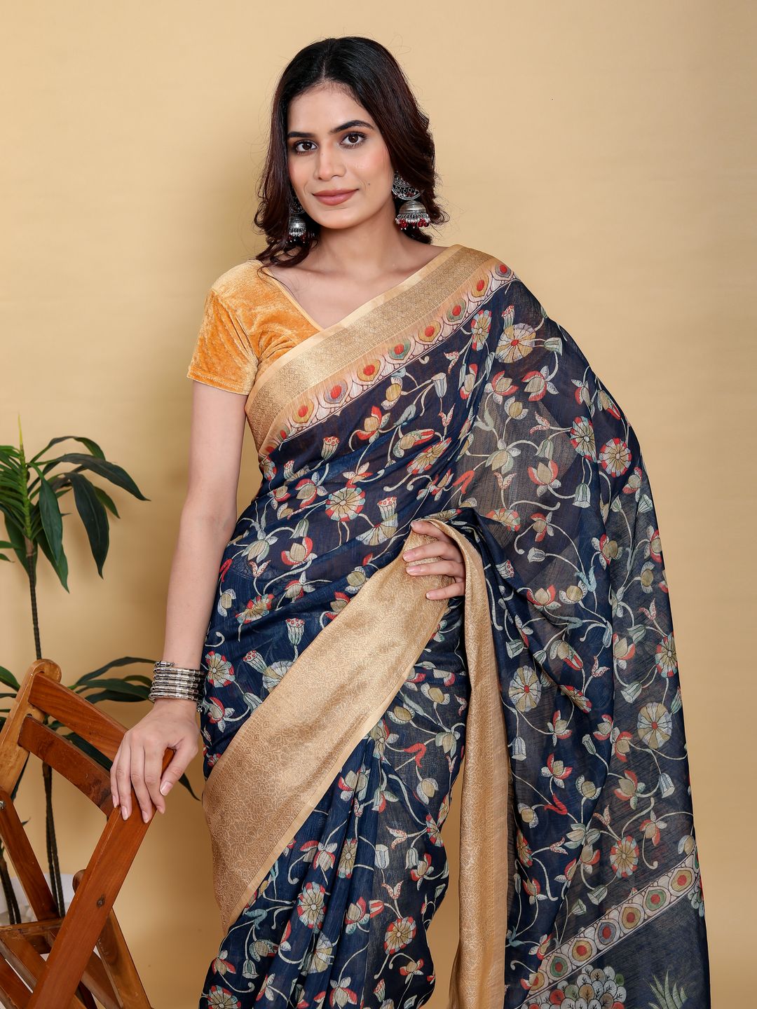 Deep Navy Floral Linen Cotton Saree with Rich Jacquard Edge