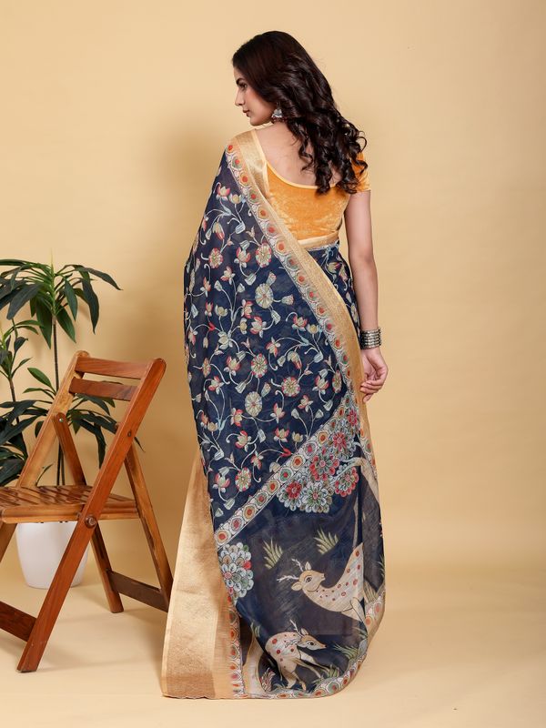 Deep Navy Floral Linen Cotton Saree with Rich Jacquard Edge