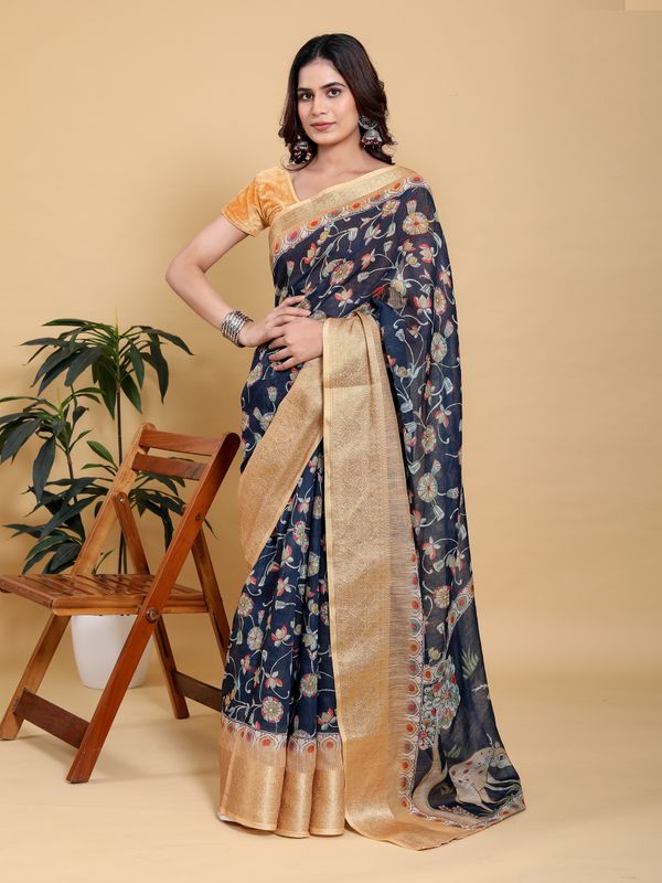 Deep Navy Floral Linen Cotton Saree with Rich Jacquard Edge