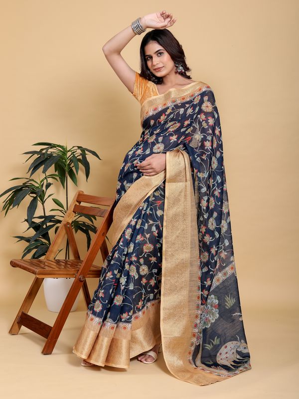 Deep Navy Floral Linen Cotton Saree with Rich Jacquard Edge