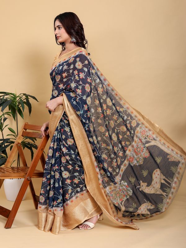 Deep Navy Floral Linen Cotton Saree with Rich Jacquard Edge