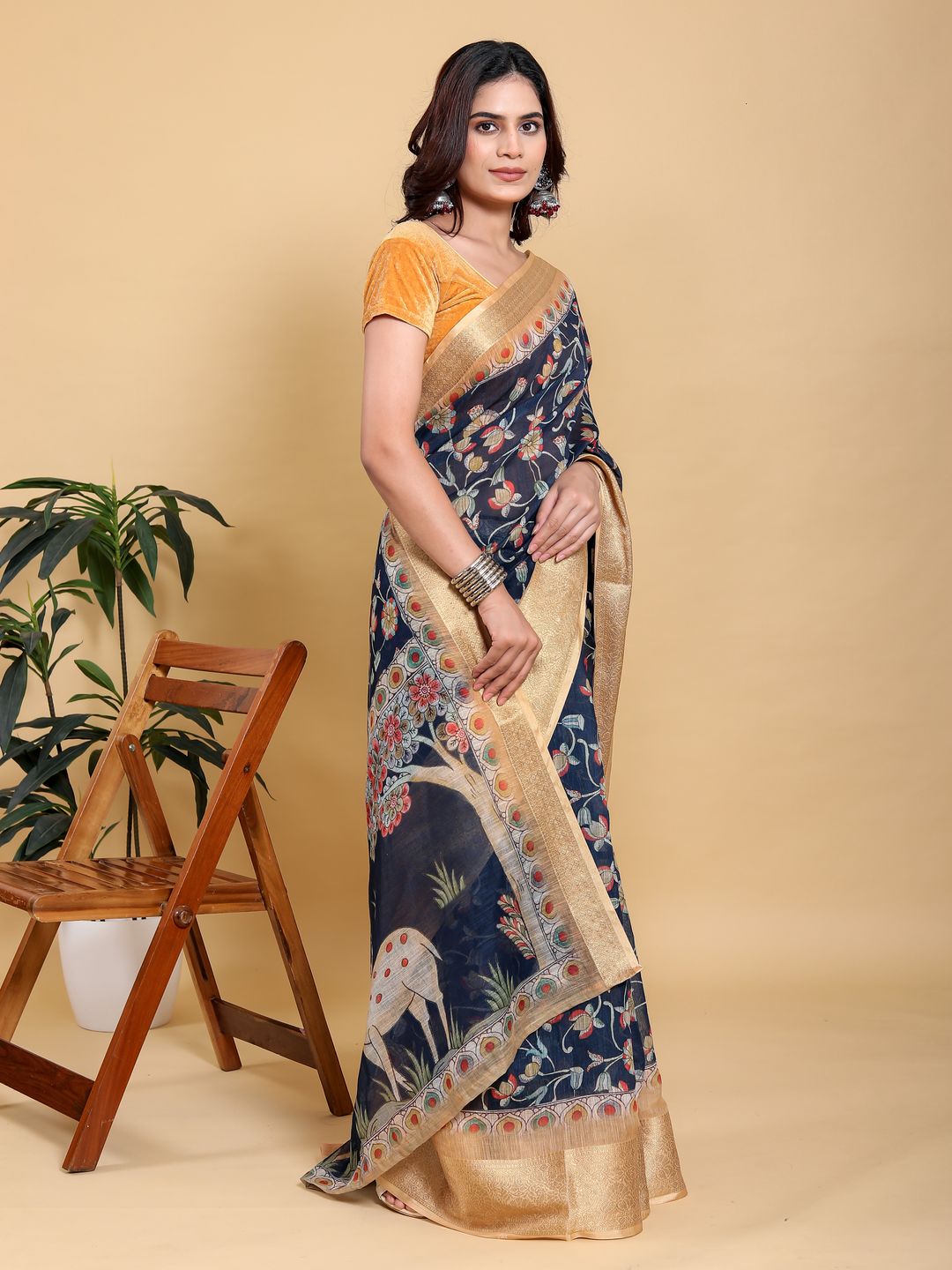 Deep Navy Floral Linen Cotton Saree with Rich Jacquard Edge