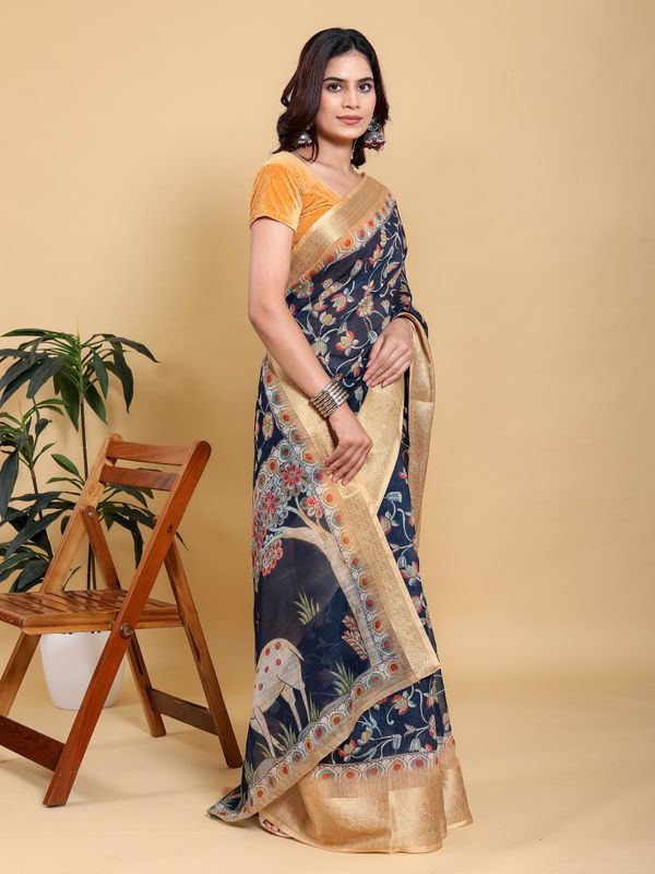 Deep Navy Floral Linen Cotton Saree with Rich Jacquard Edge