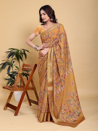 Mustard Floral Linen Cotton Saree with Golden Jacquard Edge