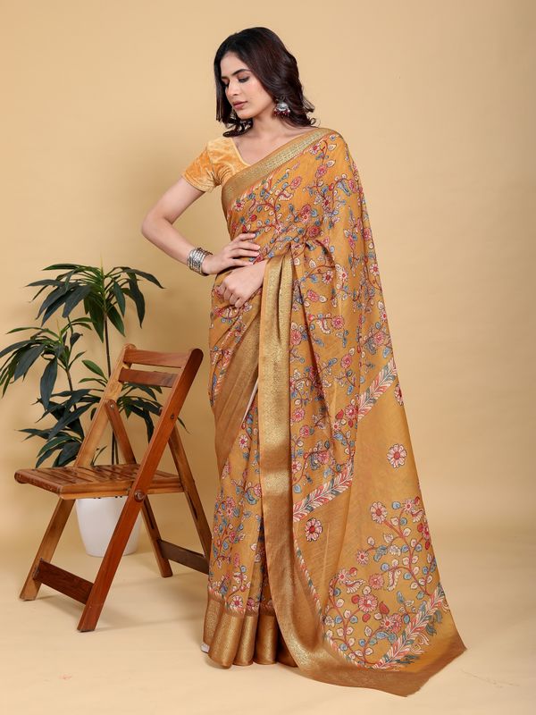 Mustard Floral Linen Cotton Saree with Golden Jacquard Edge