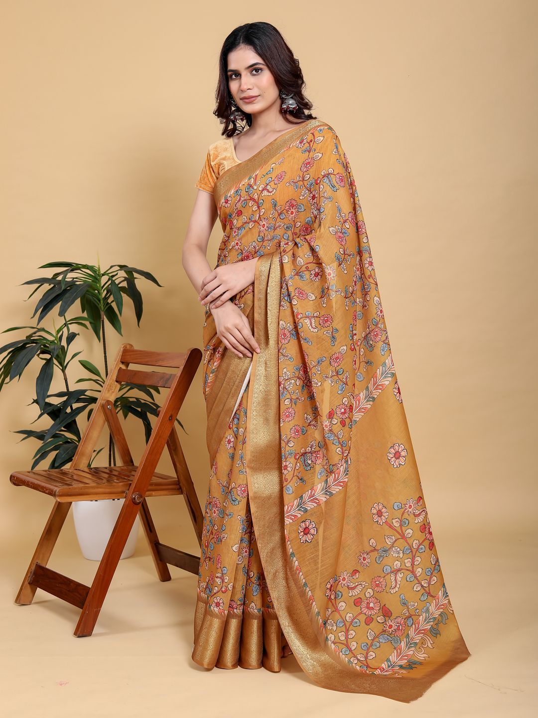 Mustard Floral Linen Cotton Saree with Golden Jacquard Edge