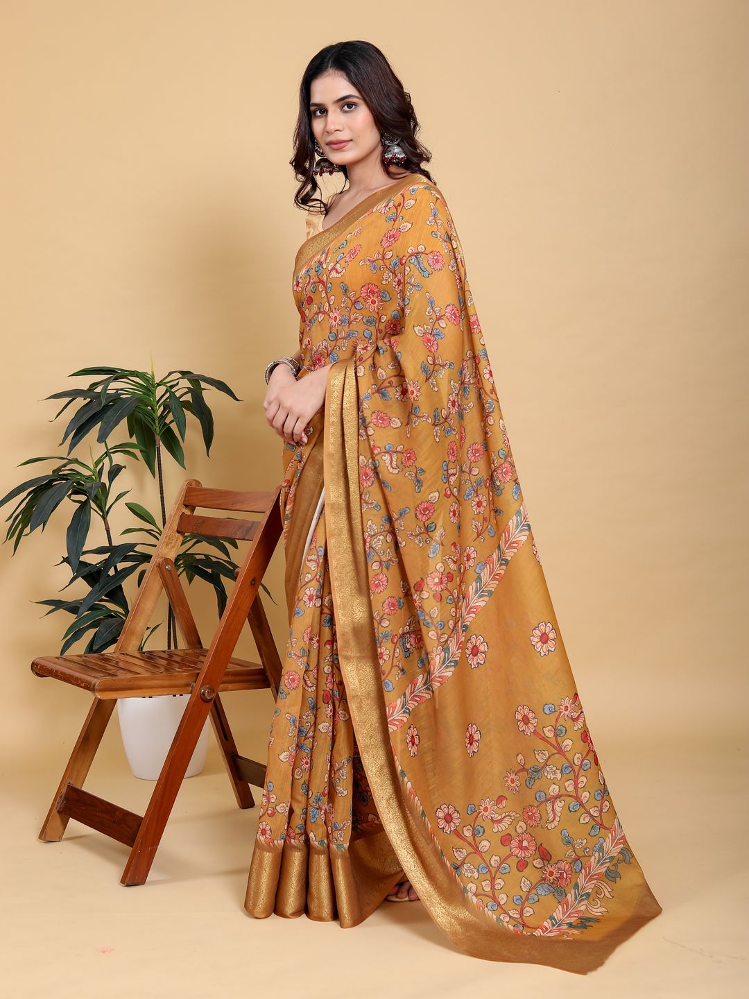Mustard Floral Linen Cotton Saree with Golden Jacquard Edge