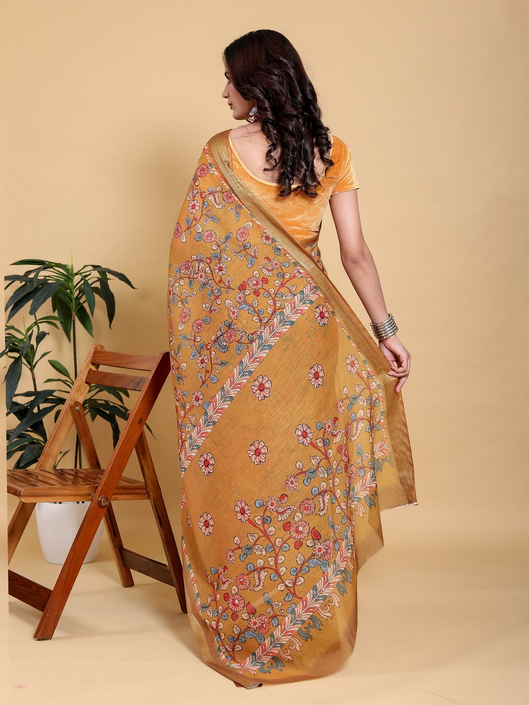 Mustard Floral Linen Cotton Saree with Golden Jacquard Edge