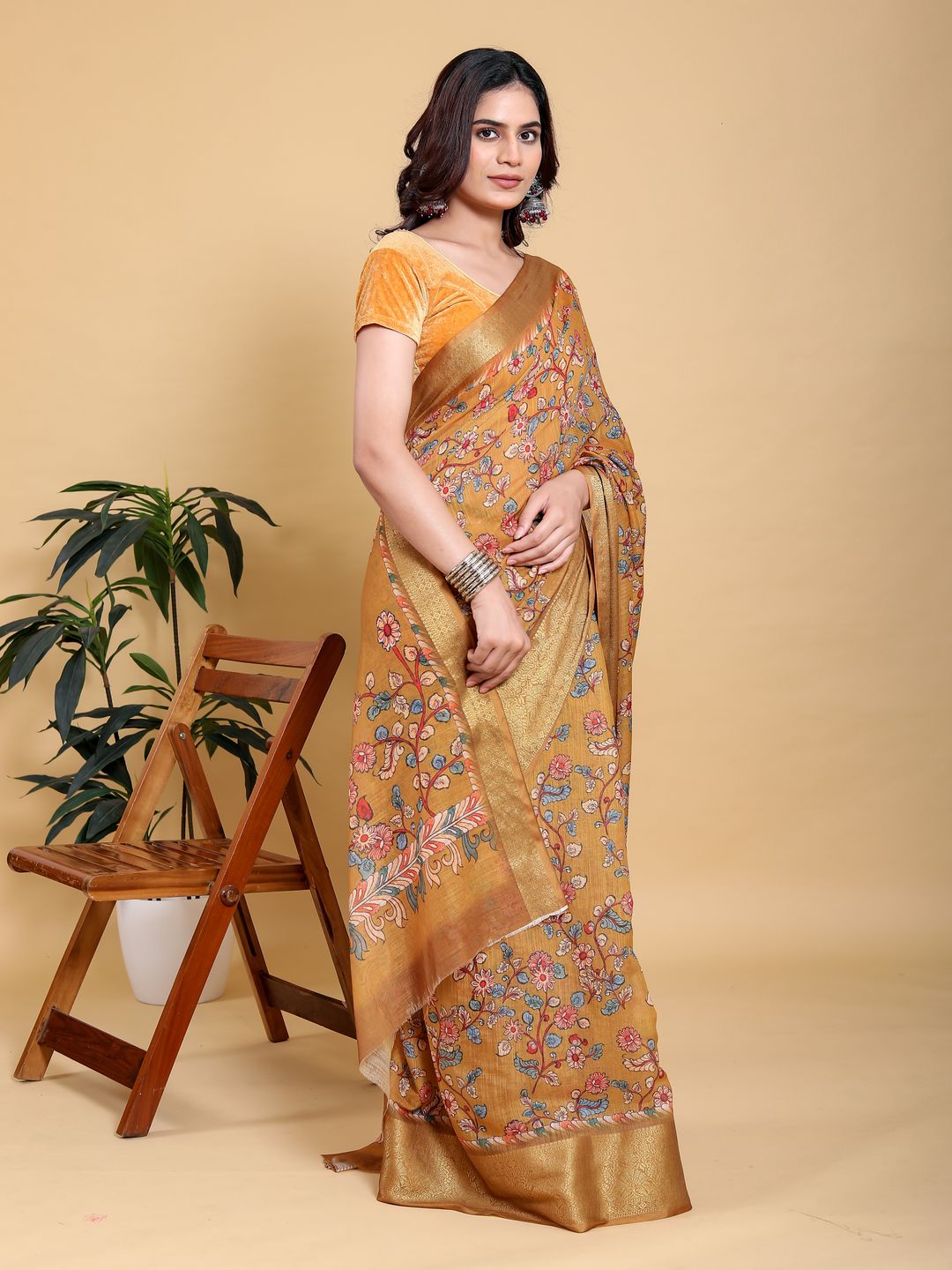 Mustard Floral Linen Cotton Saree with Golden Jacquard Edge