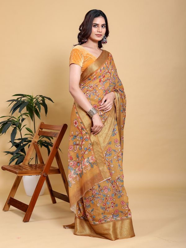 Mustard Floral Linen Cotton Saree with Golden Jacquard Edge