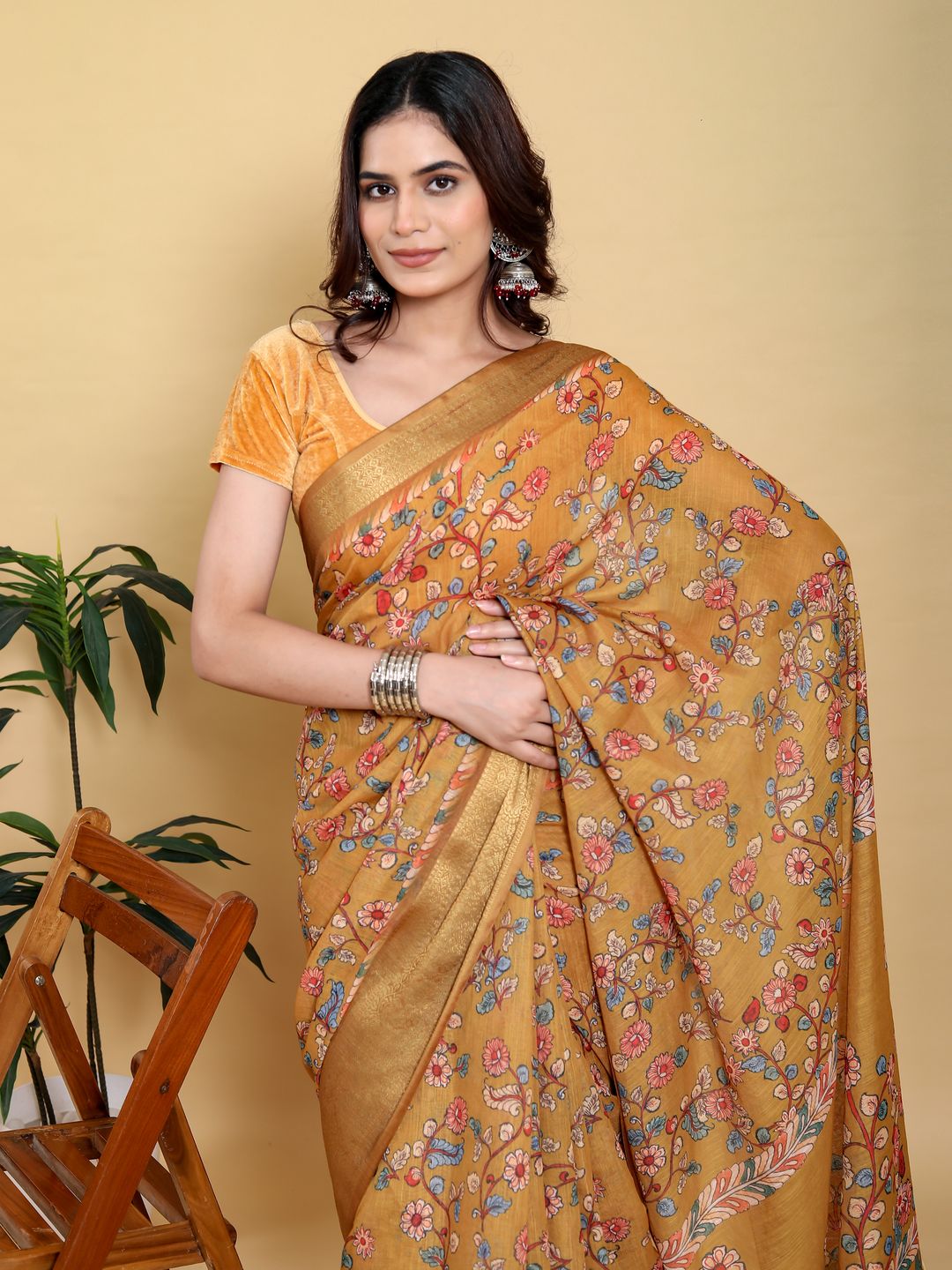 Mustard Floral Linen Cotton Saree with Golden Jacquard Edge