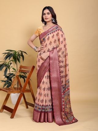Peach Printed Linen Cotton Saree with Wine Jacquard Borders
