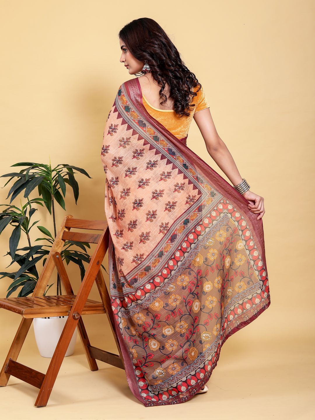 Peach Printed Linen Cotton Saree with Wine Jacquard Borders