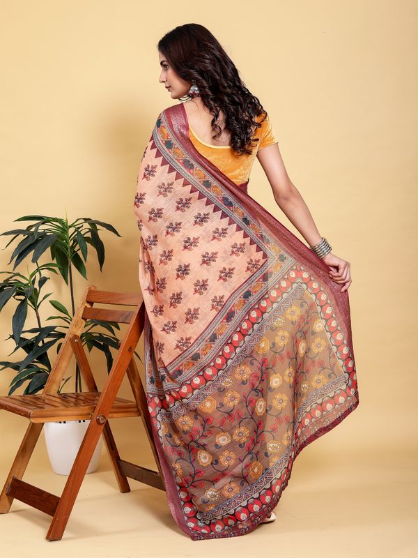Peach Printed Linen Cotton Saree with Wine Jacquard Borders