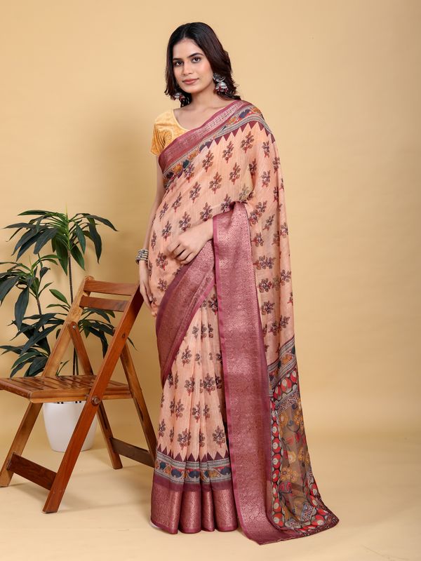 Peach Printed Linen Cotton Saree with Wine Jacquard Borders