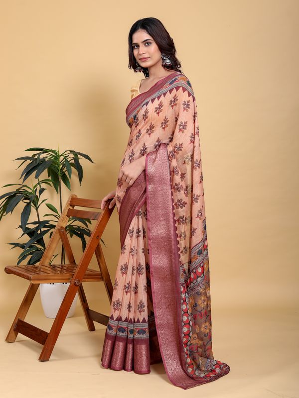 Peach Printed Linen Cotton Saree with Wine Jacquard Borders