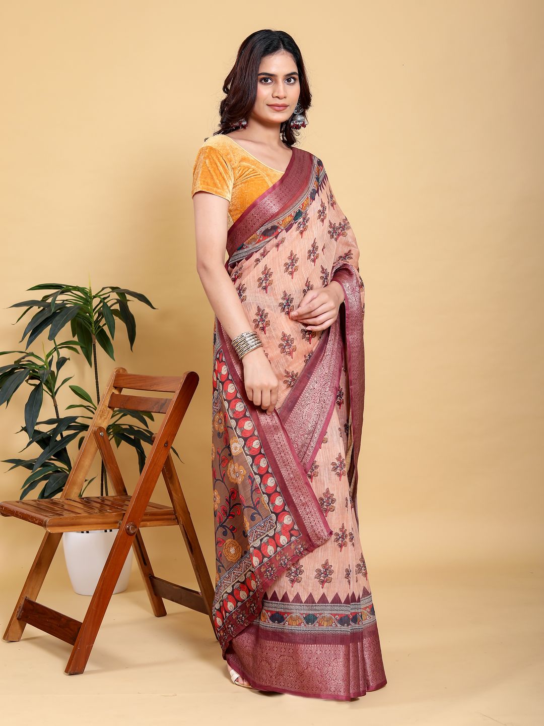 Peach Printed Linen Cotton Saree with Wine Jacquard Borders