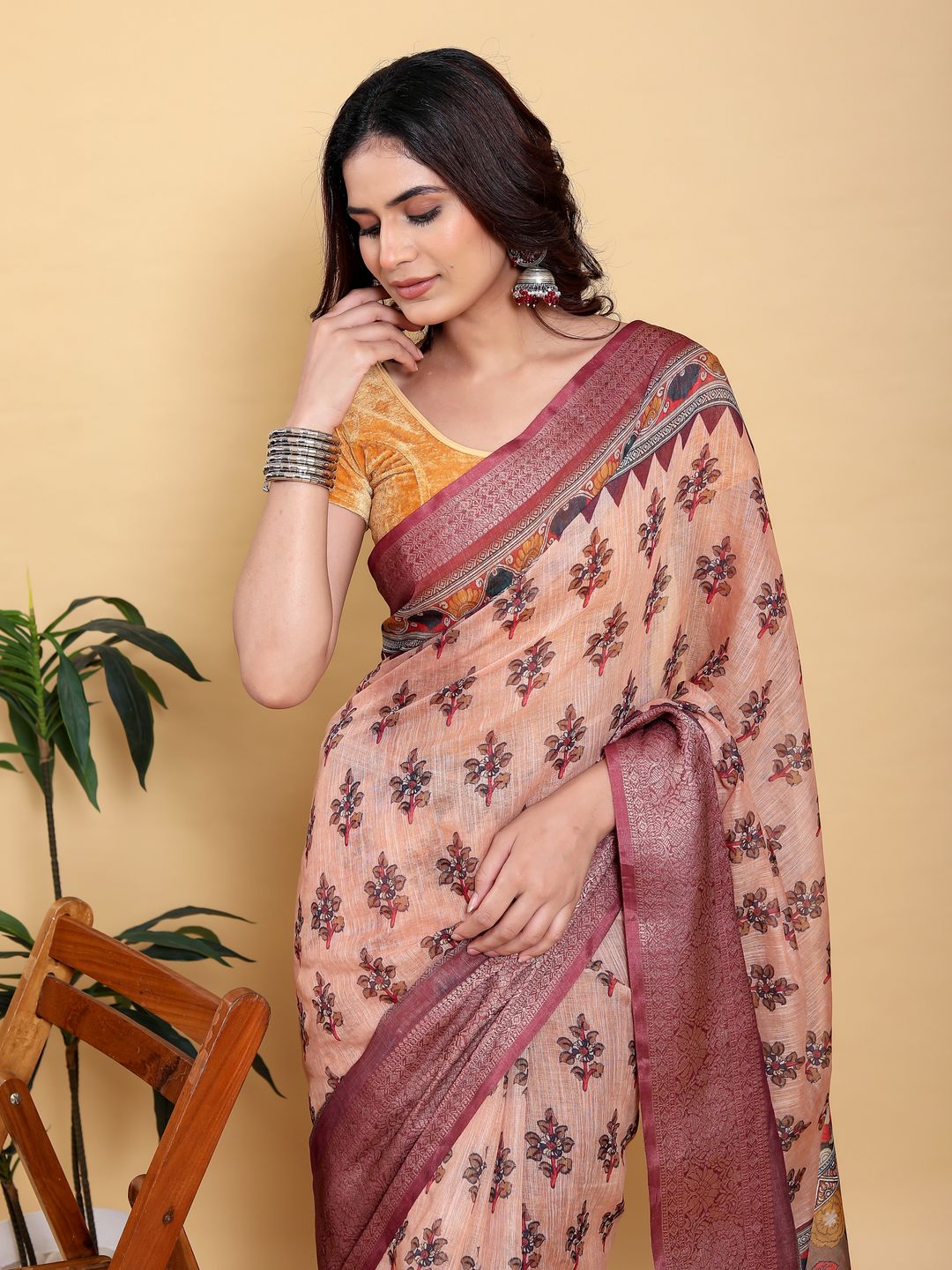 Peach Printed Linen Cotton Saree with Wine Jacquard Borders