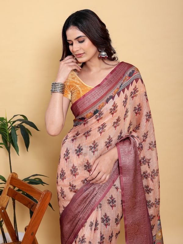Peach Printed Linen Cotton Saree with Wine Jacquard Borders