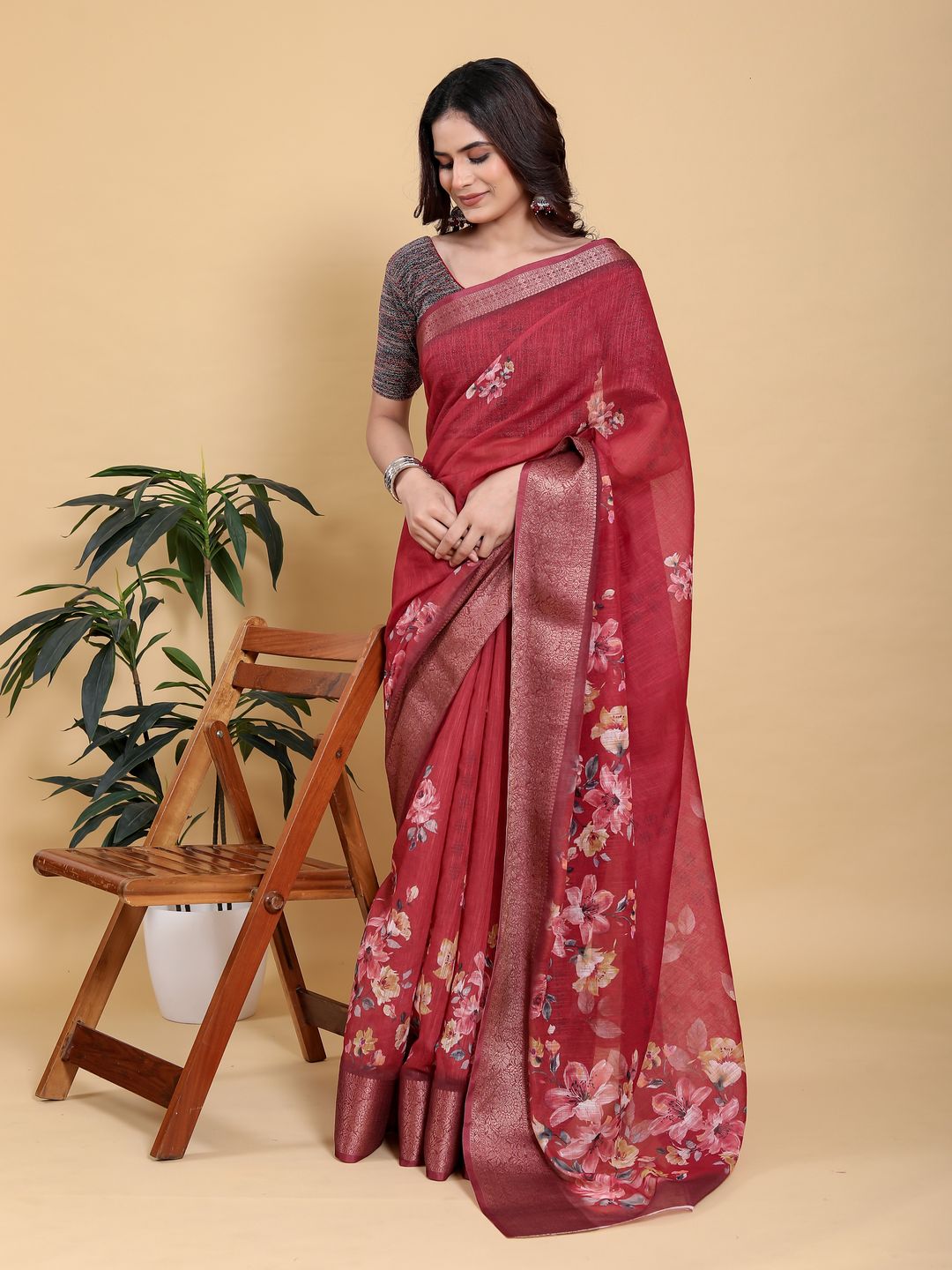 Maroon Floral Linen Cotton Saree with Jacquard Woven Border