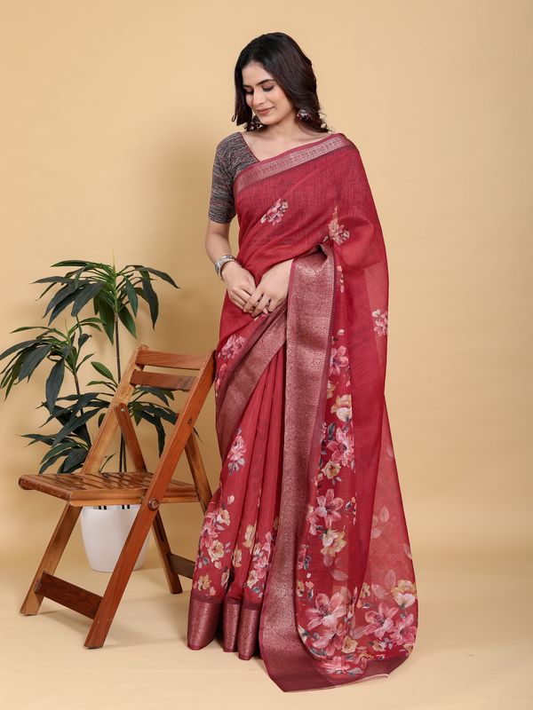 Maroon Floral Linen Cotton Saree with Jacquard Woven Border