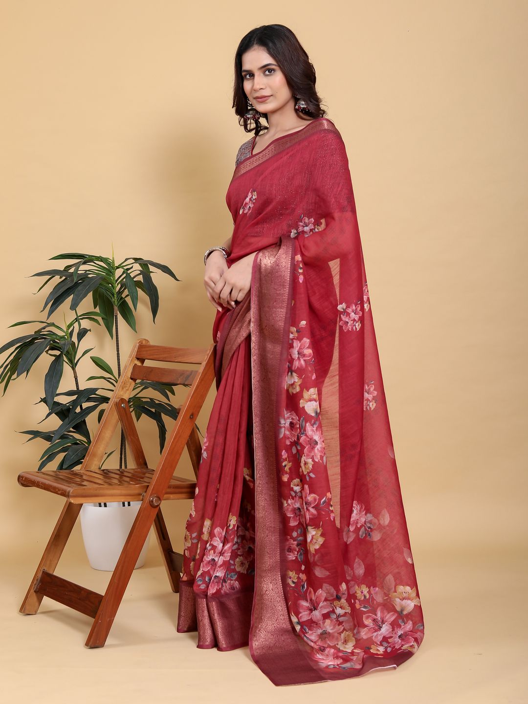 Maroon Floral Linen Cotton Saree with Jacquard Woven Border