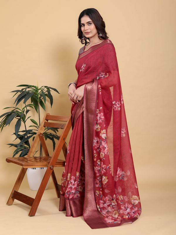 Maroon Floral Linen Cotton Saree with Jacquard Woven Border
