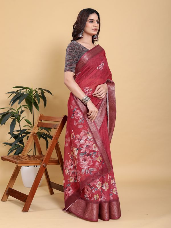 Maroon Floral Linen Cotton Saree with Jacquard Woven Border