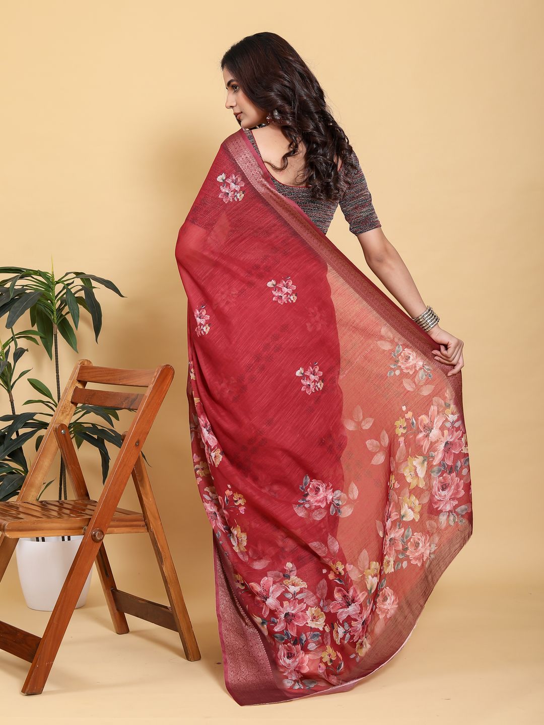 Maroon Floral Linen Cotton Saree with Jacquard Woven Border