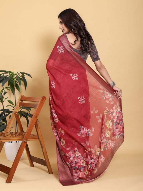 Maroon Floral Linen Cotton Saree with Jacquard Woven Border