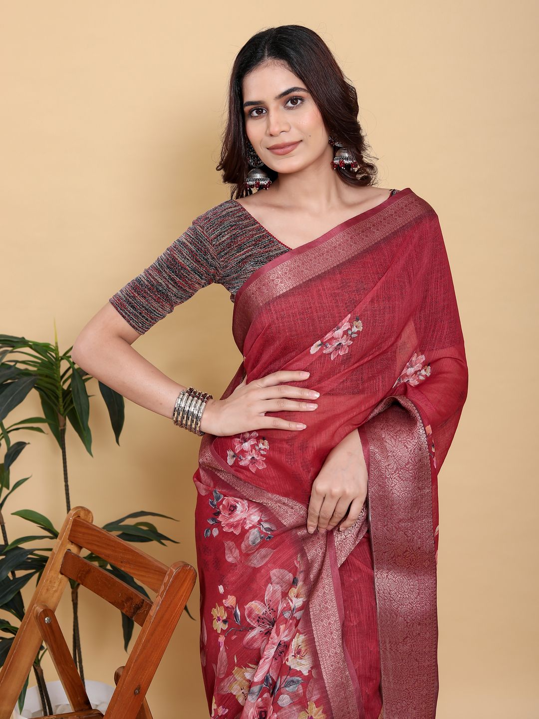 Maroon Floral Linen Cotton Saree with Jacquard Woven Border