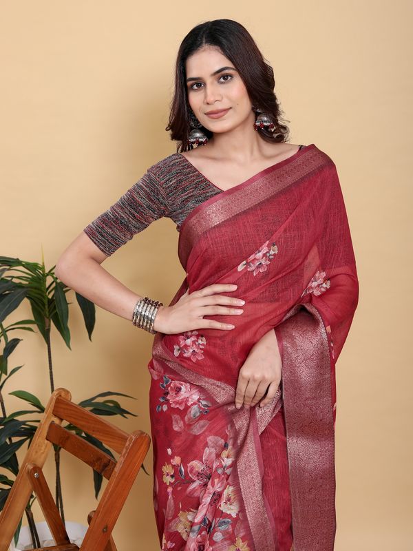 Maroon Floral Linen Cotton Saree with Jacquard Woven Border